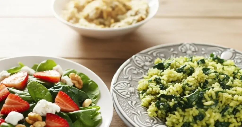 PURE DE PAPA, ENSALADA DE FRESA Y ARROZ CON ESPINACA