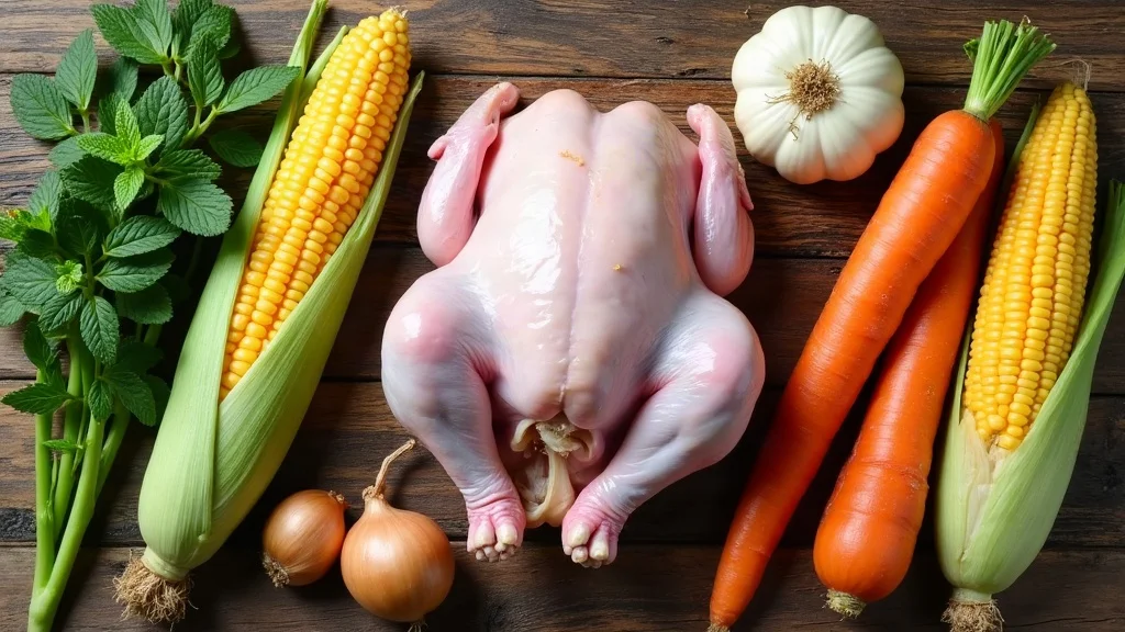 Traditional raw ingredients for Caldo de Gallina Criolla