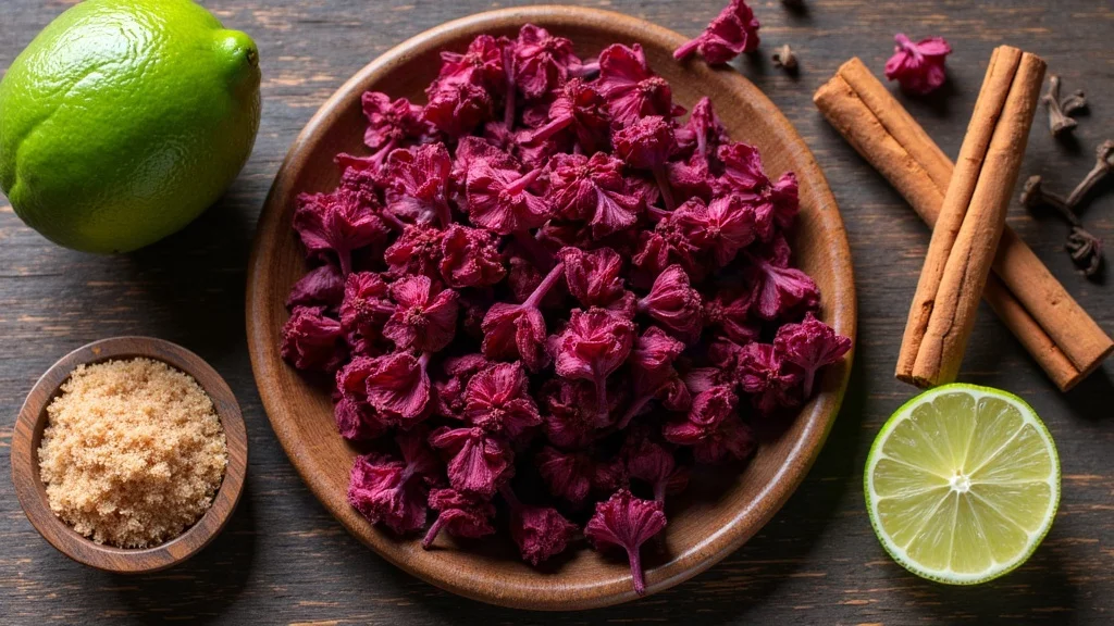 Traditional raw ingredients for Fresco de Rosa de Jamaica